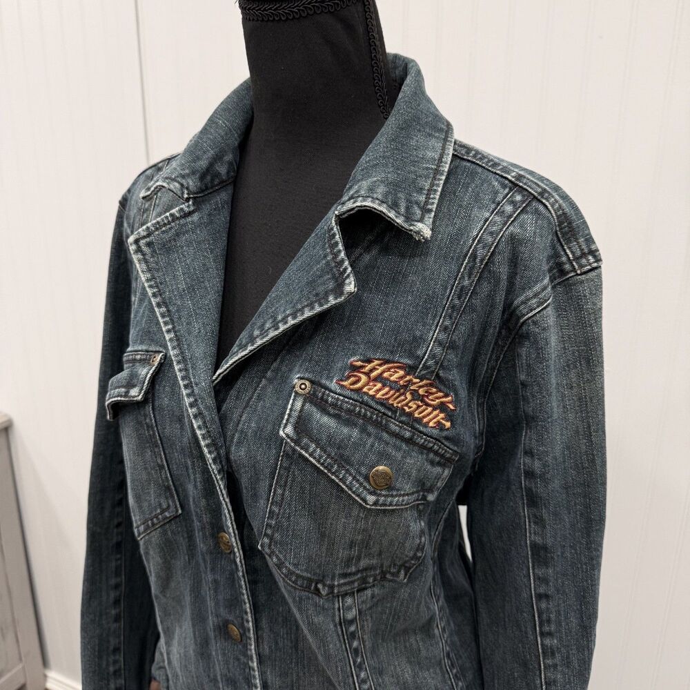 VTG Harley Davidson Women's 2W Blue Denim Embroidered Biker Motorcycle Jacket - Picture 2 of 8
